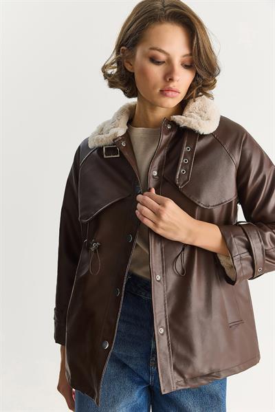 Kadın Gömlek Yaka İçi Kürk Belden Büzgü Ayarlamalı Cep Detaylı Suni Deri Mont 2736 60283571 - Kahve