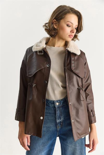 Kadın Gömlek Yaka İçi Kürk Belden Büzgü Ayarlamalı Cep Detaylı Suni Deri Mont 2736 60283571 - Kahve