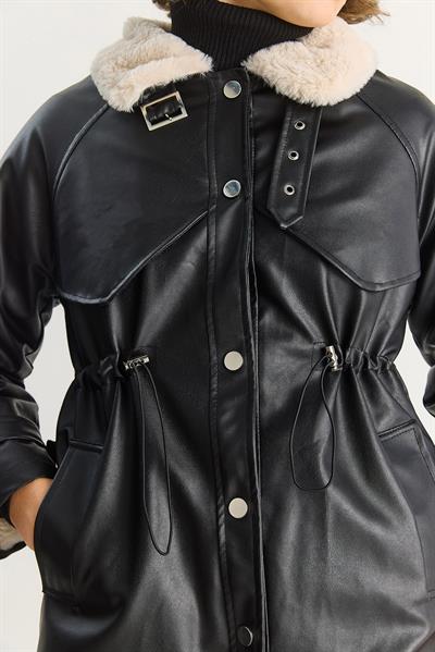 Kadın Gömlek Yaka İçi Kürk Belden Büzgü Ayarlamalı Cep Detaylı Suni Deri Mont 2736 60283571 - Siyah