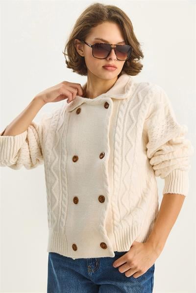 Kadın Gömlek Yaka Kruvaze Kapamalı Saç Örgü Yumuşak Dokulu Hırka TH251033 60283608 - Krem