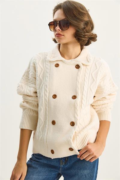 Kadın Gömlek Yaka Kruvaze Kapamalı Saç Örgü Yumuşak Dokulu Hırka TH251033 60283608 - Krem