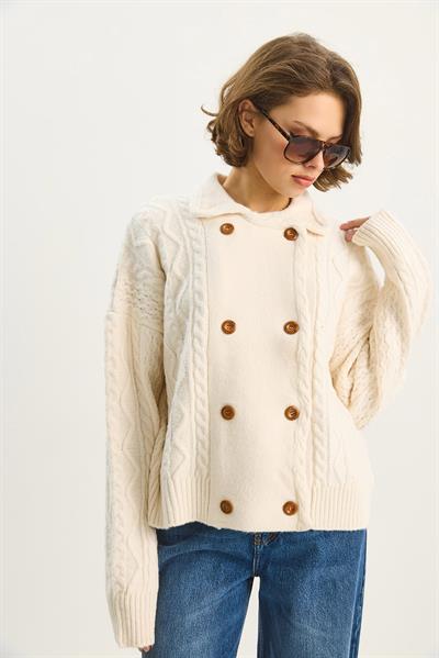 Kadın Gömlek Yaka Kruvaze Kapamalı Saç Örgü Yumuşak Dokulu Hırka TH251033 60283608 - Krem