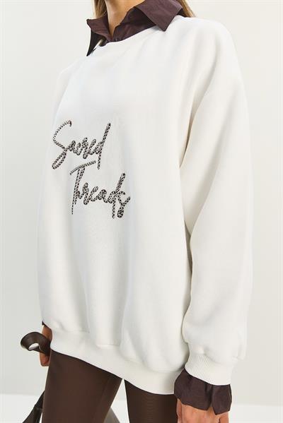 Kadın Gömlek Yaka Nakışlı Üç İplik Şardonlu Oversize Sweatshirt 10020 60283675 - Ekru-Kahverengi