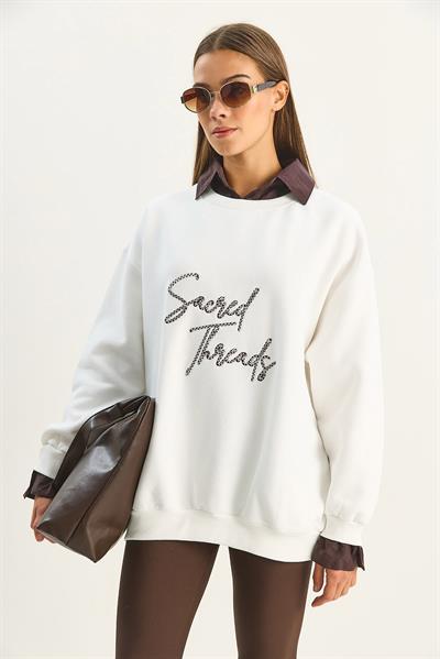 Kadın Gömlek Yaka Nakışlı Üç İplik Şardonlu Oversize Sweatshirt 10020 60283675 - Ekru-Kahverengi