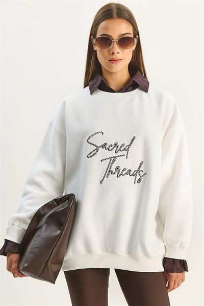 Kadın Gömlek Yaka Nakışlı Üç İplik Şardonlu Oversize Sweatshirt 10020 60283675 - Ekru-Kahverengi