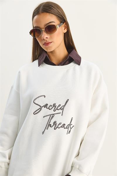 Kadın Gömlek Yaka Nakışlı Üç İplik Şardonlu Oversize Sweatshirt 10020 60283675 - Ekru-Kahverengi