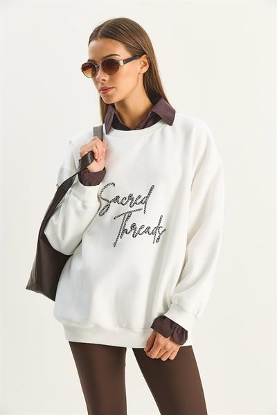 Kadın Gömlek Yaka Nakışlı Üç İplik Şardonlu Oversize Sweatshirt 10020 60283675 - Ekru-Kahverengi