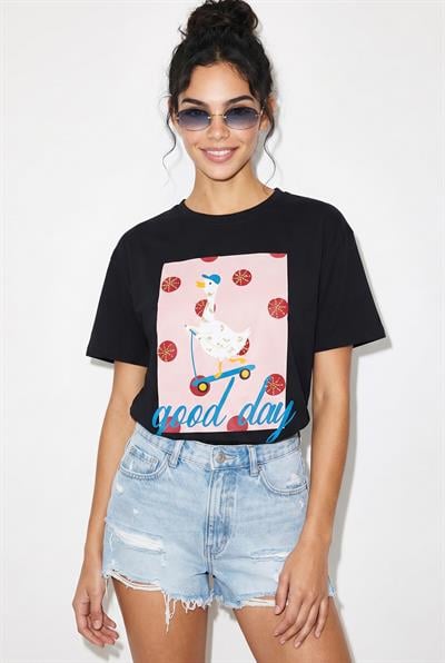Kadın Good Day Baskılı Nakış Detaylı Relaxed Fit T-Shirt 7642 60286117 - Siyah