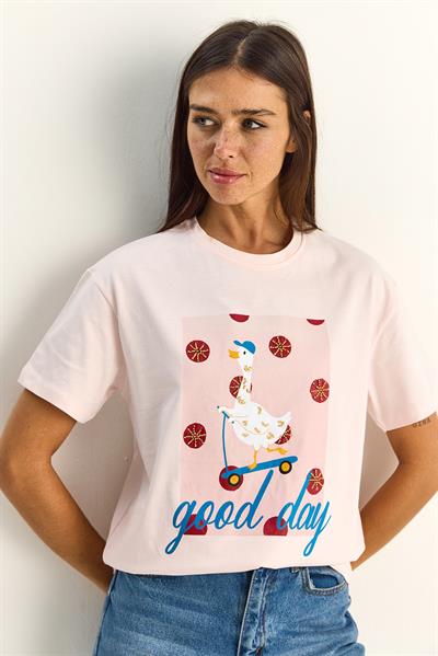 Kadın Good Day Baskılı Nakış Detaylı Relaxed Fit T-Shirt 7642 60286117 - Pudra
