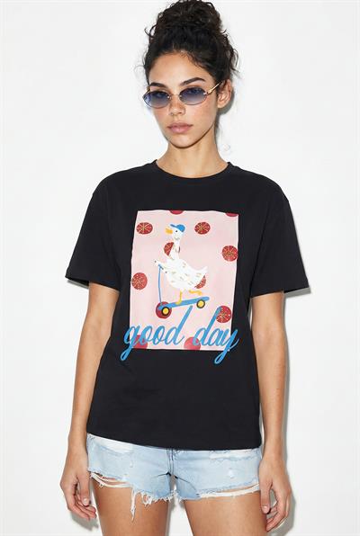 Kadın Good Day Baskılı Nakış Detaylı Relaxed Fit T-Shirt 7642 60286117 - Siyah