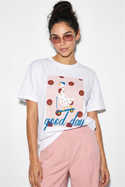 Kadın Good Day Baskılı Nakış Detaylı Relaxed Fit T-Shirt 7642 60286117 - Beyaz