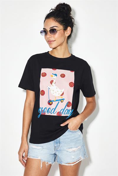 Kadın Good Day Baskılı Nakış Detaylı Relaxed Fit T-Shirt 7642 60286117 - Siyah