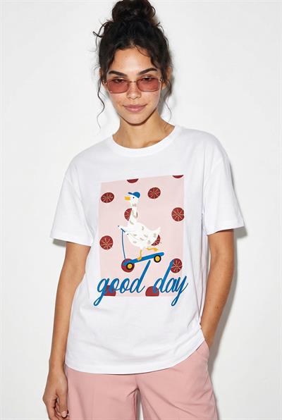 Kadın Good Day Baskılı Nakış Detaylı Relaxed Fit T-Shirt 7642 60286117 - Beyaz