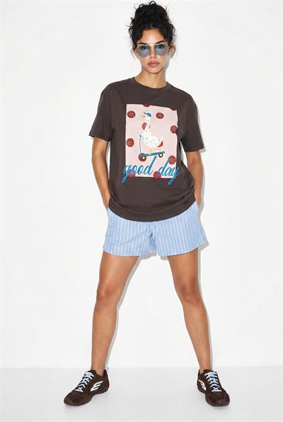 Kadın Good Day Baskılı Nakış Detaylı Relaxed Fit T-Shirt 7642 60286117 - Kahverengi