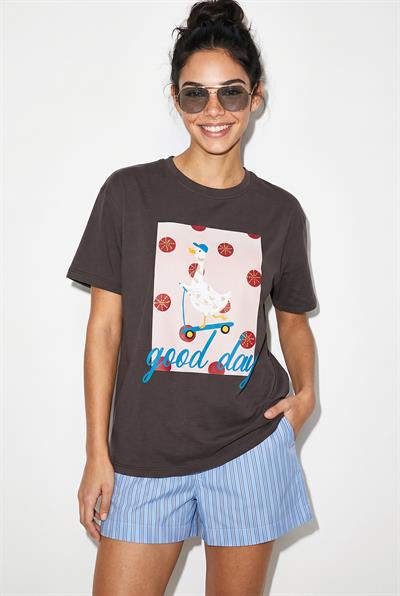 Kadın Good Day Baskılı Nakış Detaylı Relaxed Fit T-Shirt 7642 60286117 - Kahverengi