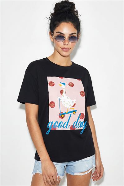 Kadın Good Day Baskılı Nakış Detaylı Relaxed Fit T-Shirt 7642 60286117 - Siyah