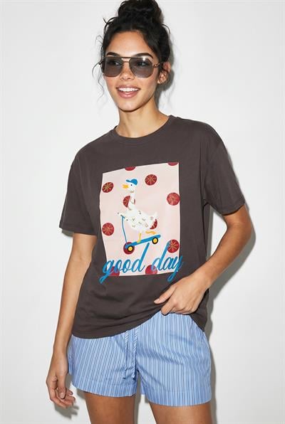 Kadın Good Day Baskılı Nakış Detaylı Relaxed Fit T-Shirt 7642 60286117 - Kahverengi