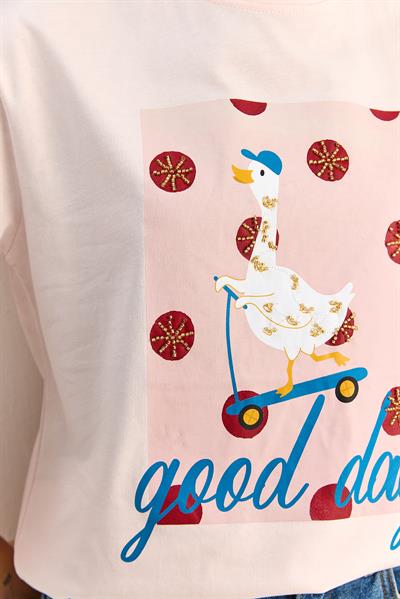 Kadın Good Day Baskılı Nakış Detaylı Relaxed Fit T-Shirt 7642 60286117 - Pudra