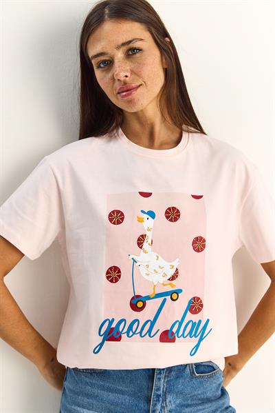 Kadın Good Day Baskılı Nakış Detaylı Relaxed Fit T-Shirt 7642 60286117 - Pudra