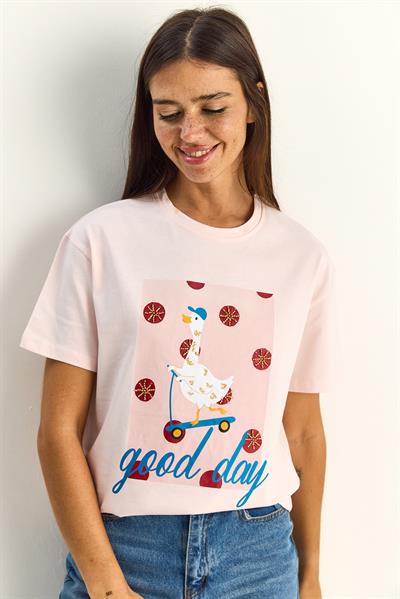 Kadın Good Day Baskılı Nakış Detaylı Relaxed Fit T-Shirt 7642 60286117 - Pudra