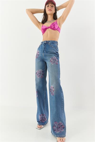 Kadın Gül Desenli Renkli Taş Baskılı Yüksek Bel Straight Denim Pantolon 1071 60283315 - Mavi