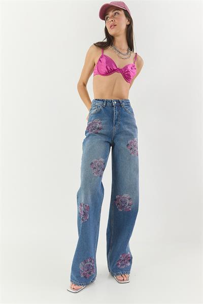 Kadın Gül Desenli Renkli Taş Baskılı Yüksek Bel Straight Denim Pantolon 1071 60283315 - Mavi