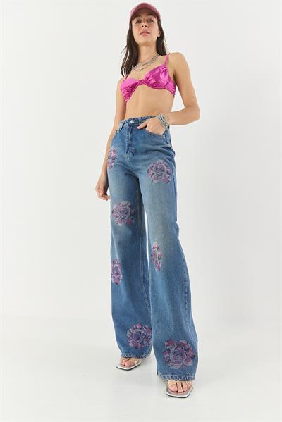 Kadın Gül Desenli Renkli Taş Baskılı Yüksek Bel Straight Denim Pantolon 1071 60283315 - Mavi