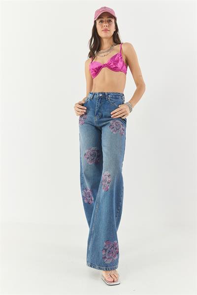 Kadın Gül Desenli Renkli Taş Baskılı Yüksek Bel Straight Denim Pantolon 1071 60283315 - Mavi
