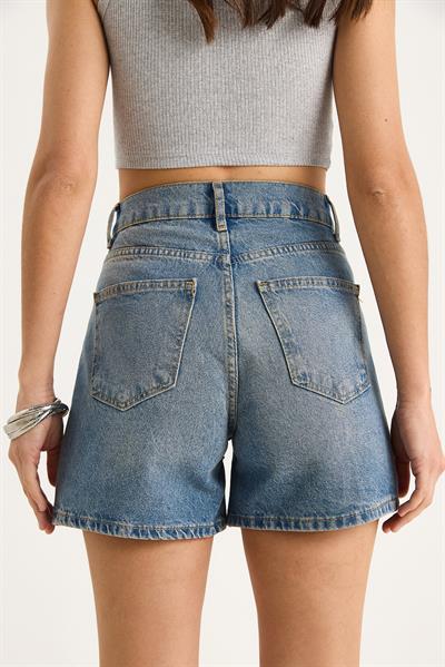 Kadın Gül Desenli Renkli Taş Baskılı Yüksek Bel Denim Şort 424 60283441 - Mavi