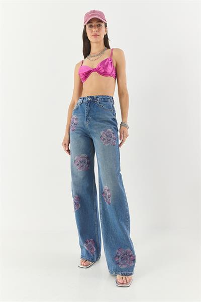 Kadın Gül Desenli Renkli Taş Baskılı Yüksek Bel Straight Denim Pantolon 1071 60283315 - Mavi