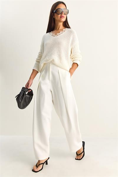 Kadın Hacimli Pensli Pantolon 0543 60286010 - Beyaz