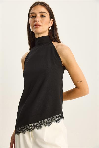 Kadın Halter Yaka Asimetrik Etek Ucu Dantel Detaylı Bluz 2914 60283791 - Siyah