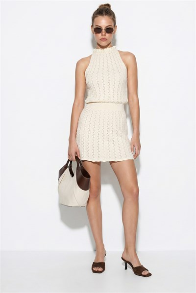 Kadın Halter Yaka Beli Lastikli Ajurlu Triko Mini Elbise TE261005 60286339 - Krem