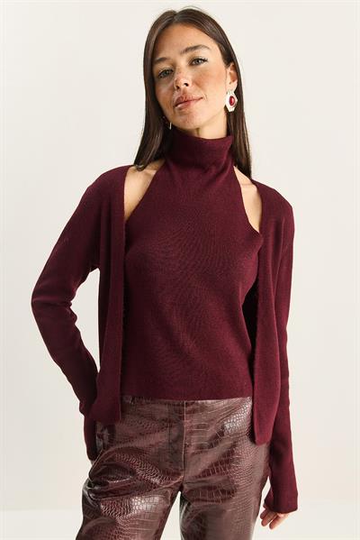 Kadın Halter Yaka İçten Bluz Detaylı Hırka TH251006 60283834 - Bordo