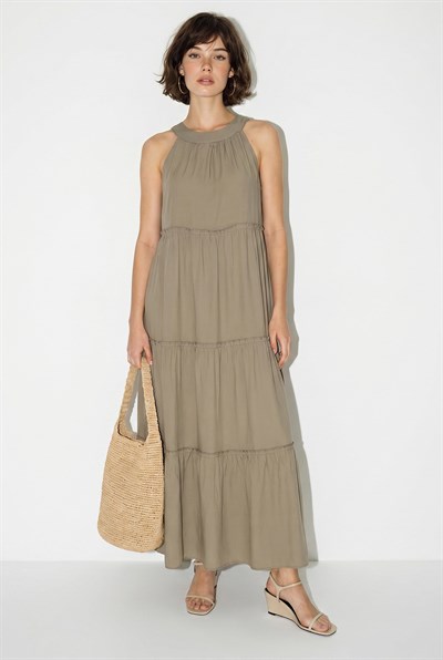 Kadın Halter Yaka Kat Kat Detaylı Modal Maxi Elbise 4852 60286367 - Haki