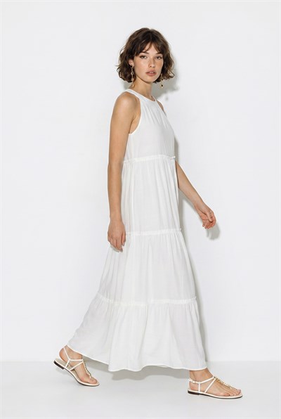 Kadın Halter Yaka Kat Kat Detaylı Modal Maxi Elbise 4852 60286367 - Beyaz