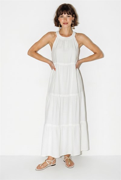 Kadın Halter Yaka Kat Kat Detaylı Modal Maxi Elbise 4852 60286367 - Beyaz