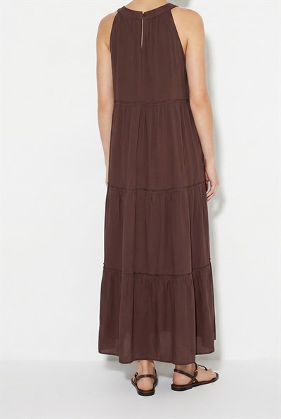 Kadın Halter Yaka Kat Kat Detaylı Modal Maxi Elbise 4852 60286367 - Acı Kahve