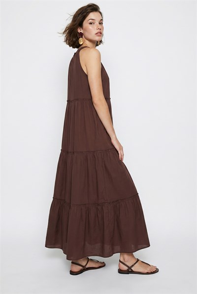 Kadın Halter Yaka Kat Kat Detaylı Modal Maxi Elbise 4852 60286367 - Acı Kahve