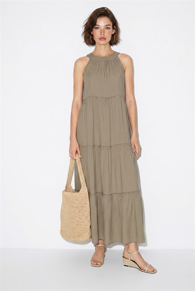 Kadın Halter Yaka Kat Kat Detaylı Modal Maxi Elbise 4852 60286367 - Haki