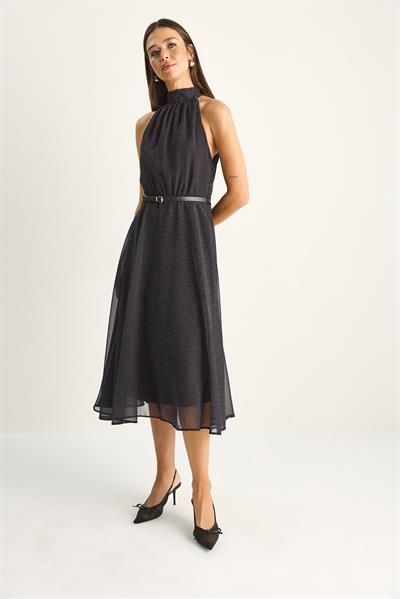 Kadın Halter Yaka Kemer Detaylı Astarlı Puantiyeli Midi Şifon Elbise 20227 60286187 - Siyah-Beyaz