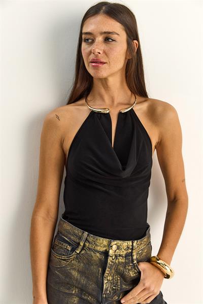 Kadın Halter Yaka Metal Aksesuarlı Degaje Bluz 2307 60286131 - Siyah