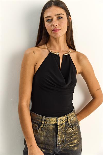 Kadın Halter Yaka Metal Aksesuarlı Degaje Bluz 2307 60286131 - Siyah