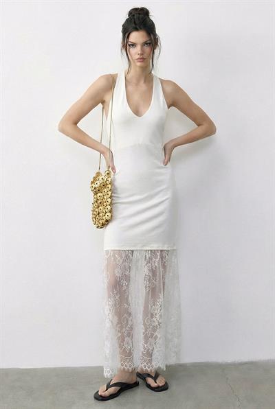 Kadın Halter Yaka Sırt Dekolteli Dantel Detaylı Uzun Elbise 4106 60283962 - Beyaz