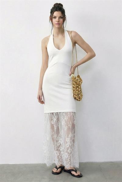 Kadın Halter Yaka Sırt Dekolteli Dantel Detaylı Uzun Elbise 4106 60283962 - Beyaz