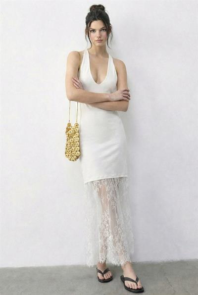 Kadın Halter Yaka Sırt Dekolteli Dantel Detaylı Uzun Elbise 4106 60283962 - Beyaz