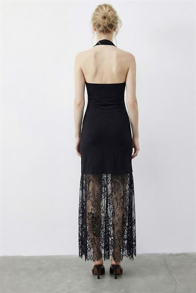 Kadın Halter Yaka Sırt Dekolteli Dantel Detaylı Uzun Elbise 4106 60283962 - Siyah