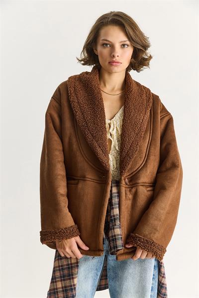 Kadın İçi Kürklü Cep Detaylı Şal Yaka Süet Kaban 2656 60281560 - Açık Kahve