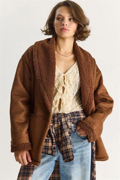 Kadın İçi Kürklü Cep Detaylı Şal Yaka Süet Kaban 2656 60281560 - Açık Kahve