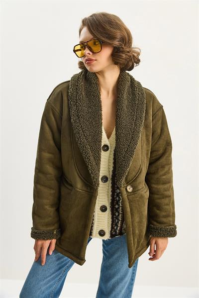 Kadın İçi Kürklü Cep Detaylı Şal Yaka Süet Kaban 2656 60283560 - Haki